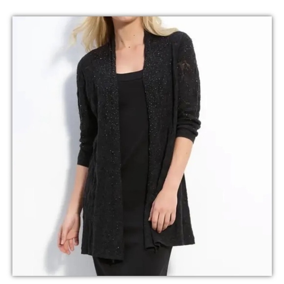 Eileen Fisher Brown Crystal Beaded Merino Wool Drape Front Cardigan Small - Picture 10 of 12